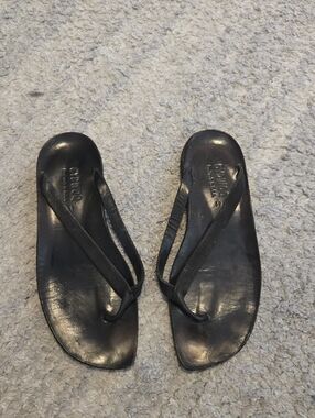 Cydwoq Black Leather Strap Bare Open Toe Minimalist Sandals Size 39